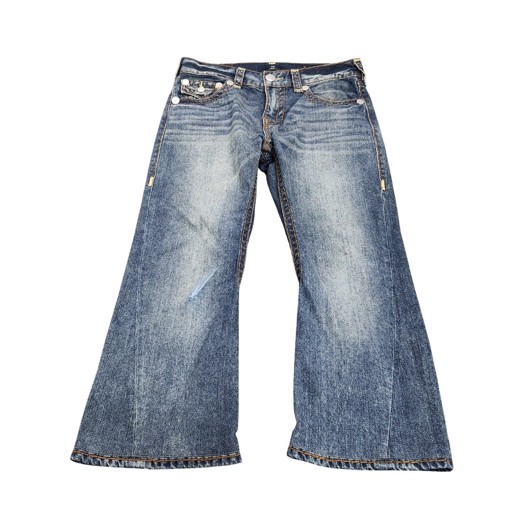 True Religion Joey Flare Jeans Womens 31 Blue Medium Wash Crop Distressed Denim